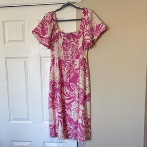 Smocked Pink & Cream Floral Midi Dress